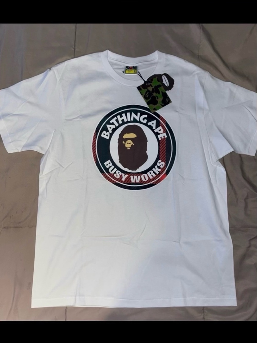 A Bathing Ape BAPE Check Busy Works White Short Sleeve T Shirt Mens XL (NWT)